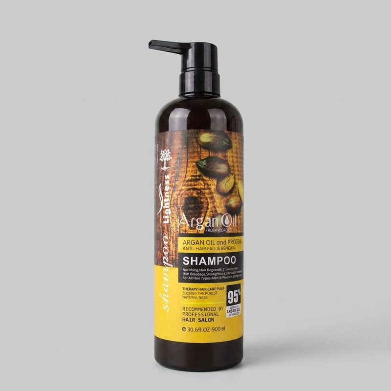 شامپو تقویت‌کننده و ضد ریزش مو لایتنس مدل Argan Oil حجم 900 میلی‌لیتر، حاوی روغن آرگان و پروتئین، مناسب انواع مو، نرم‌کننده، حجم‌دهنده، فاقد سولفات و پارابن