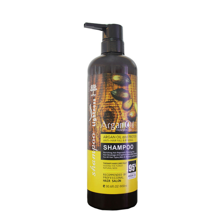 شامپو تقویتکننده و ضد ریزش مو لایتنس مدل Argan Oil حجم 900 میلیلیتر، حاوی روغن آرگان و پروتئین، مناسب انواع مو، نرمکننده، حجمدهنده، فاقد سولفات و پارابن