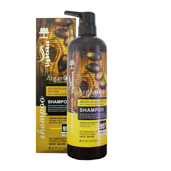 شامپو تقویتکننده و ضد ریزش مو لایتنس مدل Argan Oil حجم 900 میلیلیتر، حاوی روغن آرگان و پروتئین، مناسب انواع مو، نرمکننده، حجمدهنده، فاقد سولفات و پارابن