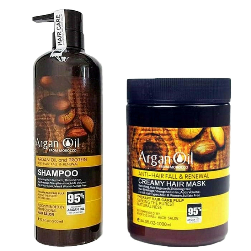 شامپو تقویت‌کننده و ترمیم‌کننده مو لایتنس مدل argan حجم 900 میلی‌لیتر به همراه ماسک مو لایتنس مدل argan oil حجم 1000 میلی‌لیتر، حاوی روغن آرگان طبیعی، فاقد سولفات، مناسب موهای آسیب دیده و رنگ شده