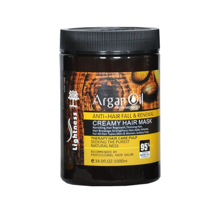 شامپو تقویتکننده و ترمیمکننده مو لایتنس مدل argan حجم 900 میلیلیتر به همراه ماسک مو لایتنس مدل argan oil حجم 1000 میلیلیتر، حاوی روغن آرگان طبیعی، فاقد سولفات، مناسب موهای آسیب دیده و رنگ شده