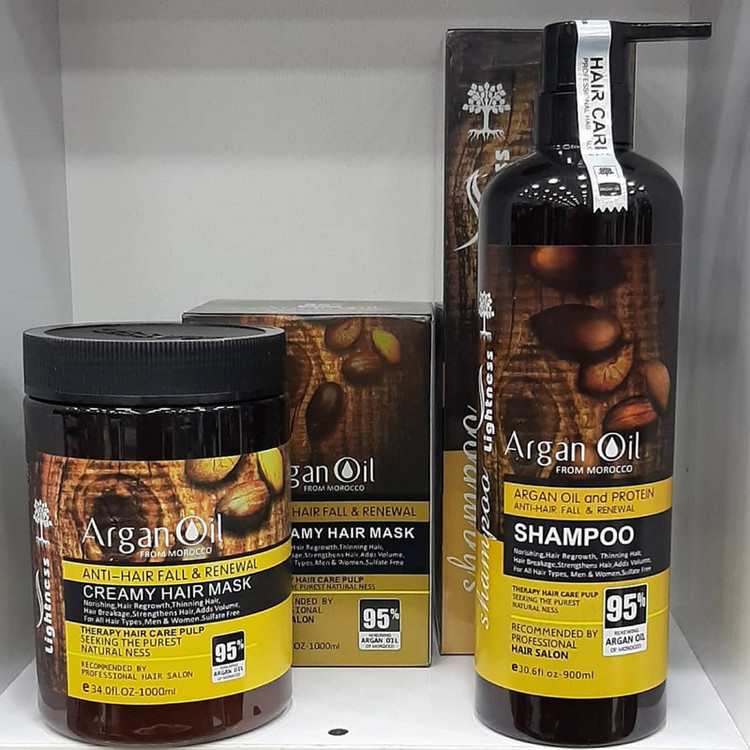 شامپو تقویتکننده و ترمیمکننده مو لایتنس مدل argan حجم 900 میلیلیتر به همراه ماسک مو لایتنس مدل argan oil حجم 1000 میلیلیتر، حاوی روغن آرگان طبیعی، فاقد سولفات، مناسب موهای آسیب دیده و رنگ شده