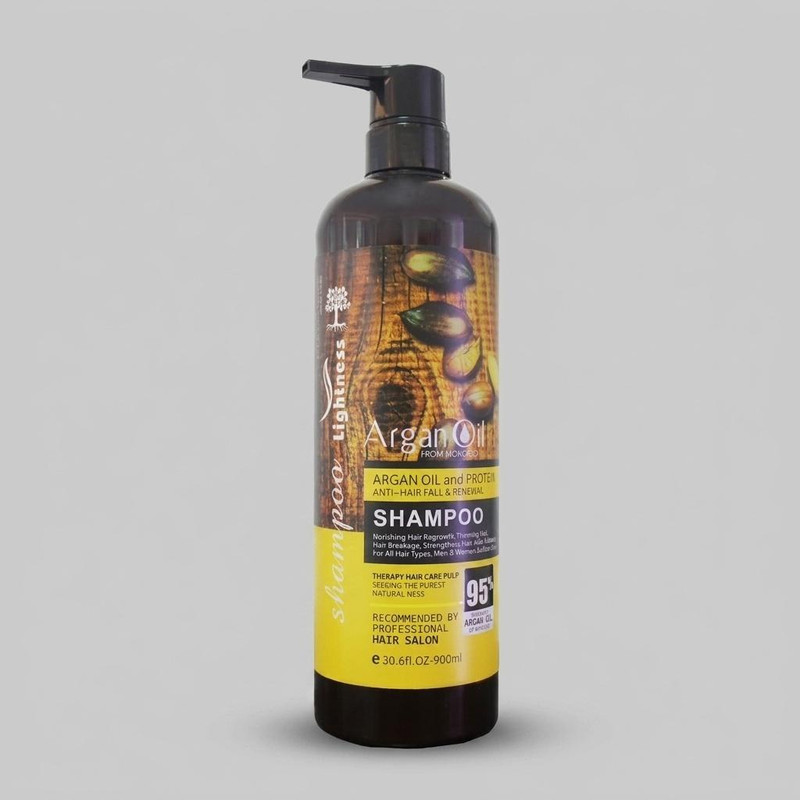 شامپو مو لایتنس مدل روغن آرگان حجم 900 میلی‌لیتر، بدون سولفات، ترمیم‌کننده و تقویت‌کننده، مناسب انواع مو