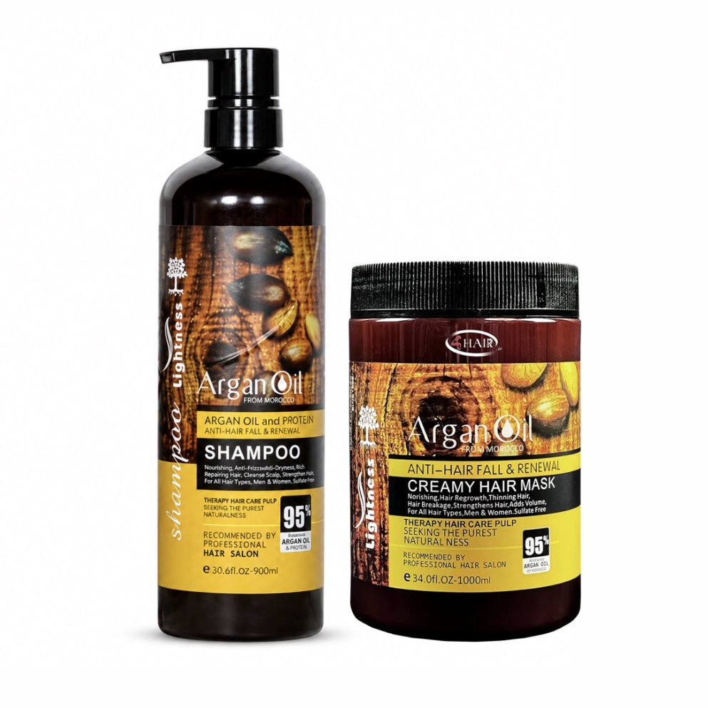 شامپو تقویت‌کننده و ترمیم‌کننده مو لایتنس مدل argan حجم 900 میلی‌لیتر به همراه ماسک مو لایتنس مدل argan oil حجم 1000 میلی‌لیتر، حاوی روغن آرگان طبیعی، فاقد سولفات، مناسب موهای آسیب دیده و رنگ شده